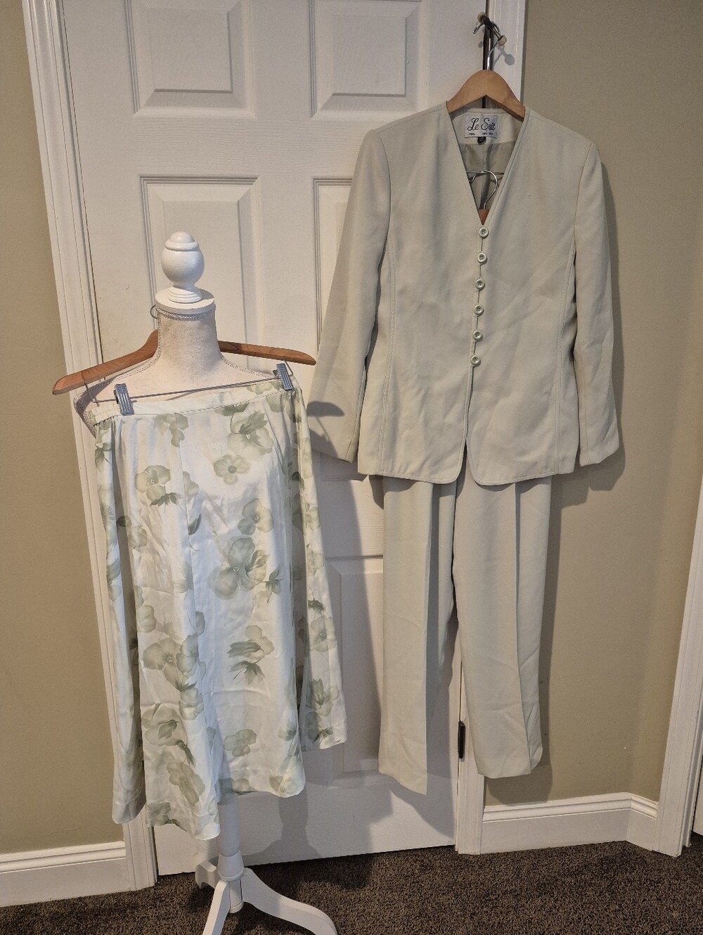 Le Suit Light Sage Women's Blazer & Trouser Set with Floral Skirt
